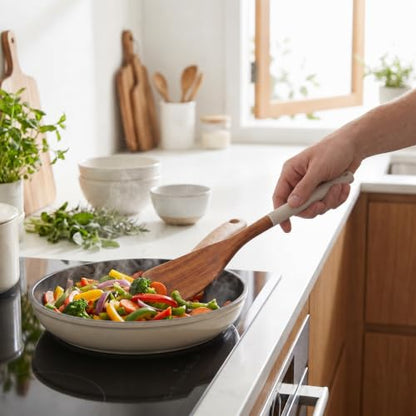 DI ORO Wooden Kitchen Utensil Set - 5-Piece Wooden Spoon & Spatula Set - Nonstick Cookware Safe Teak Wood Cooking Utensils - Heat-Resistant Kitchen Utensils Set with Silicone Handles (Soft Grey) - color: Soft Grey