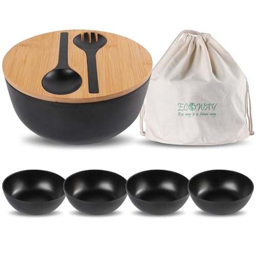 ECOWAY Bamboo Fiber Salad Bowl Set,Large Mixing Bowl with Natural Bamboo Lid and Utensils,4 Serving Bowls,Spoon,Fork and Fabric Bag for Salad,Soup,Vegetables,Pasta and Fruits(Black,9.8inches) - color: Black with serving bowls