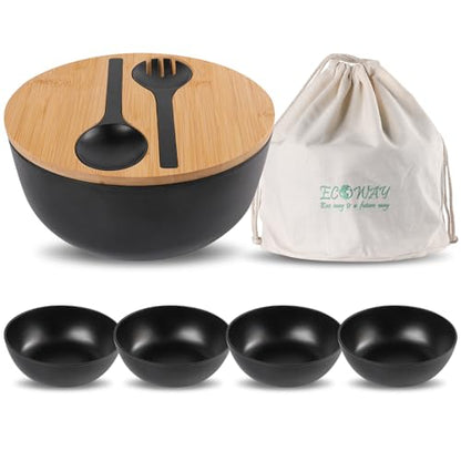 ECOWAY Bamboo Fiber Salad Bowl Set,Large Mixing Bowl with Natural Bamboo Lid and Utensils,4 Serving Bowls,Spoon,Fork and Fabric Bag for Salad,Soup,Vegetables,Pasta and Fruits(Black,9.8inches) - color: Black with serving bowls