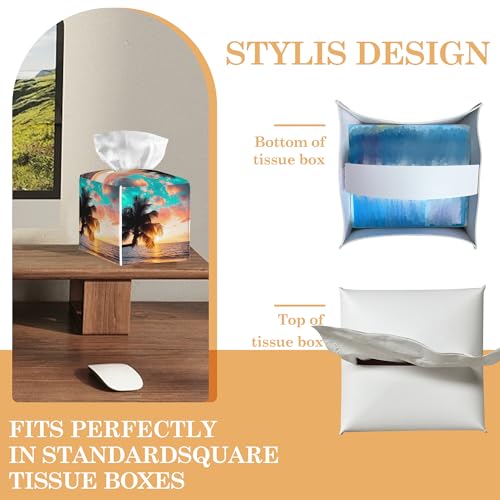 Sunset Beach Tissue Box Cover,Palm Tissue Box Holder Waterproof Leather Facial Paper Organizer Dispenser for Bathroom Home Car Nightstand Vanity - color: Sunset Beach Palm