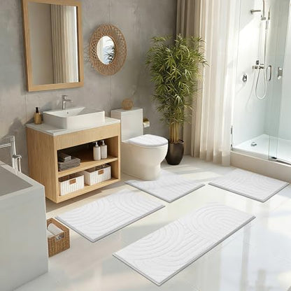 Pauwer Bathroom Rugs Sets 5 Piece, Absorbent Non Slip Bath Mat Set, White | Machine Washable, Microfiber Plush, Quick Dry Runner, U Shaped Contour Toilet Rugs, Shower Mats and Toilet Lid Cover - color: White