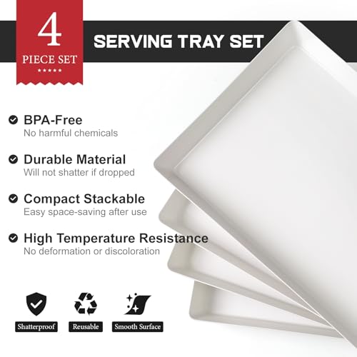 4-Pack Plastic 16" x 11" Large White Serving Trays Set - Reusable Serving Platters for Cookie, Appetizer, Charcuterie, Snack, Dessert, Party Food Display - Stackable Kitchen CounterTop Tray, BPA Free - size: 4 Pack - 16" x 11"