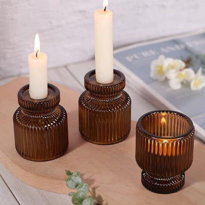 6 Pcs Amber Candlestick Holders - Glass Taper Candle Holders Tealight Votive Candle Holders for Table Centerpieces, Wedding, Dinner Party, Home, Gifts (Pack of 2) - color: Amber, size: 6Pcs (Pack of 2)