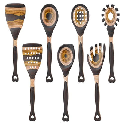 7PCS Pakkawood Kitchen Utensil Set | Heart-Shaped Wooden Spoons for Cooking | Heat-Resistant Wooden Spoons | Kitchen Essential Gift | Tuscan Brown - color: Tuscan Brown-7PCS Heart-Shaped Handles