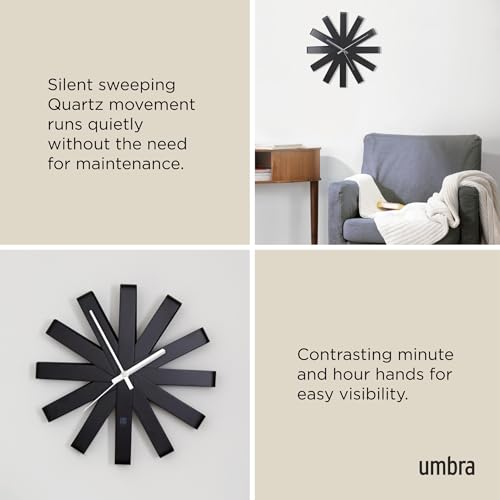 Umbra Ribbon Modern 12" Wall Clock, Silent Non Ticking Battery Operated Quartz Movement, Black
