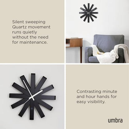 Umbra Ribbon Modern 12" Wall Clock, Silent Non Ticking Battery Operated Quartz Movement, Black