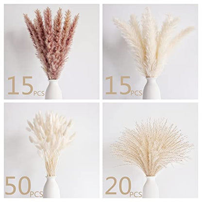 Natural Dried Pampas Grass Decor, 100 PCS Pampas Grass Contains White Bunny Tails Dried Flowers, Reed Grass Bouquet for Wedding Boho Flowers Home Table Decor, Rustic Farmhouse Party (17”) - size: 100PCS-B