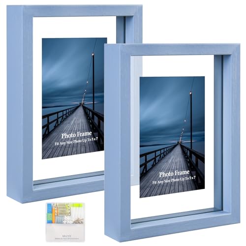 MUYE 5x7 Floating Frame Set of 2,Double Real Glass Photo Frame for Wall Hanging or Tabletop Standing,Also Display 4x6 or 3x5 Photo for Floating Effect,Blue - color: Blue, size: 5x7