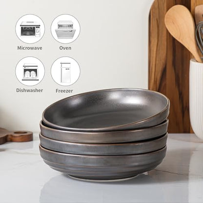HAPPY KIT Stoneware 9'' Pasta Bowls 42oz Set of 4, Bronze Gray | Reactive Glaze, Large Salad Bowls, Ceramic Serving Bowls for Fruit, Soup, Noodle, Dinner, Scratch Resistant - color: BronzeGray