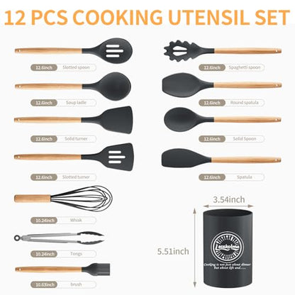 Silicone Cooking Utensil Set,12 PCS Cooking Kitchen Utensils Set, Nonstick Kitchen Utensils 446°F Heat-Resistant Cookware Kitchen Tools of Spoon,Brush,Whisk,Spatula,Turner Tongs (Gray) - color: Gray