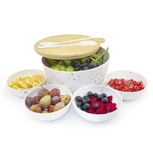 ECOWAY Melamine Salad Bowl, Bamboo Fiber Salad Bowl Large with 4 Small Serving Bowls and Bamboo Lid Cutting Board with Handle and Silicone Seal Ring Perfect for Storage Salad Foods(Spots,9.8 Inches) - color: Multicolor with serving bowls