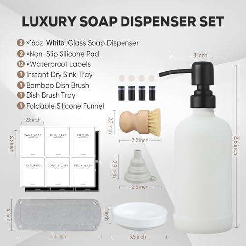 Kitchen Soap Dispenser Set with Instant Dry Tray,16 Oz Hand and Dish Soap White Glass Dispenser Set,Stainless Steel Pump,Waterproof Labels,Dish Brush,Luxury Soap Bottle for Kitchen,Bathroom - color: White Bottle+black Pump
