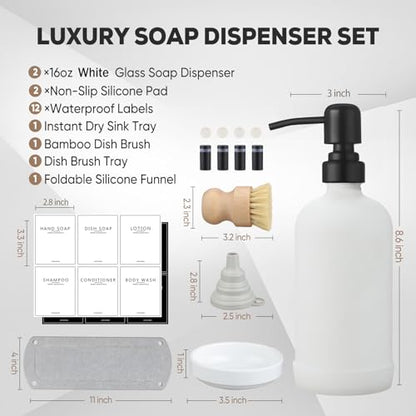 Kitchen Soap Dispenser Set with Instant Dry Tray,16 Oz Hand and Dish Soap White Glass Dispenser Set,Stainless Steel Pump,Waterproof Labels,Dish Brush,Luxury Soap Bottle for Kitchen,Bathroom - color: White Bottle+black Pump