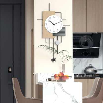 Modern Minimalist Wall Clock Creative Wooden Decorative Wall Clocks Silent Non Ticking Pendulum Clock Battery Powered Quartz Clock for Living Room Kitchen Bedroom Office, 16.5 * 29 in