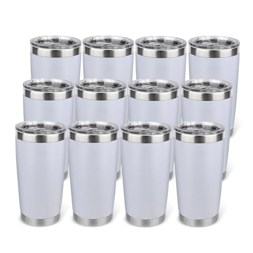 20oz Stainless Steel Tumbler Bulk with Lid, Travel Mug - Double Wall Vacuum Powder Coated Cup - White, 12 Pack - color: White, size: 12 Pack