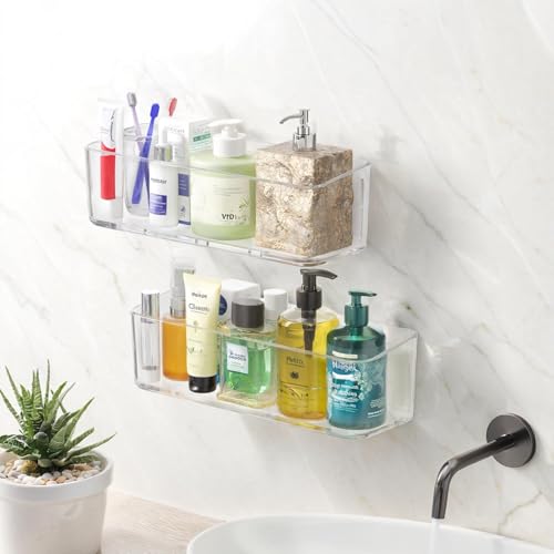 PAVSTINE 2 Pcs Clear Shower Shelf, Large Bathroom Wall Mounted Shower Caddy | No Drill Self Adhesive Bathroom Organizer with Self Adhesive Tape - size: Large-tall-2 Pack