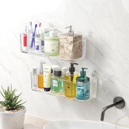 PAVSTINE 2 Pcs Clear Shower Shelf, Large Bathroom Wall Mounted Shower Caddy | No Drill Self Adhesive Bathroom Organizer with Self Adhesive Tape - size: Large-tall-2 Pack