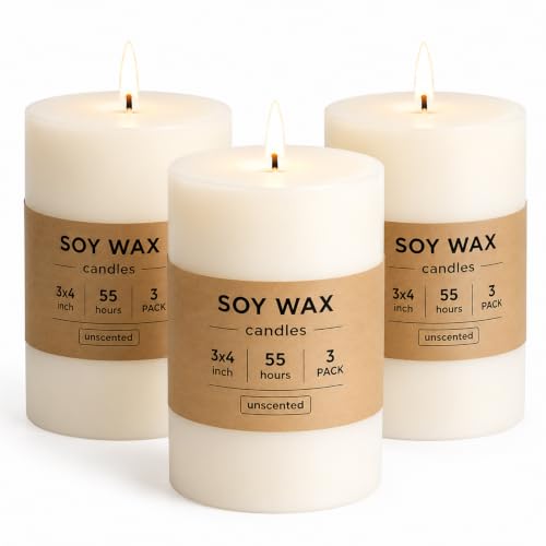 Soy Pillar Candles 3 Pack,3x4 Inch White, 55-Hour Burn | Hand-Poured,Paraffin-Free,Lead-Free Cotton Wick,Unscented,for Wedding Tables,Home Decor,Emergency - color: White, size: 3x4in-3pack