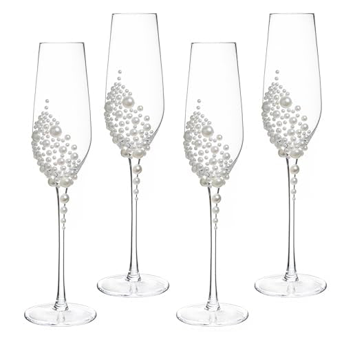 MyGift 6 oz Pearl Champagne Flutes Clear Stemmed Toasting Glasses Set 4 | Faux Pearl Accent, Elegant Stem Design, Perfect for Celebrations, Gift Ready Drinkware, Special Occasion Table Setting - color: White