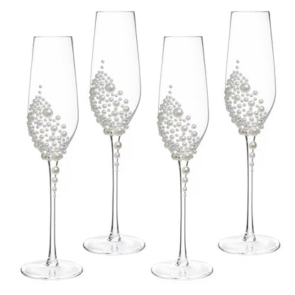 MyGift 6 oz Pearl Champagne Flutes Clear Stemmed Toasting Glasses Set 4 | Faux Pearl Accent, Elegant Stem Design, Perfect for Celebrations, Gift Ready Drinkware, Special Occasion Table Setting - color: White