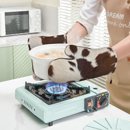 Cow Print Oven Mitts and Pot Holders Set Silicone Heat Resistant Brown Cowhide Western Farmhouse Kitchen Gloves Set Cow Print Kitchen Mittens Pot Holders for BBQ Cooking Baking Grilling - color: Brown