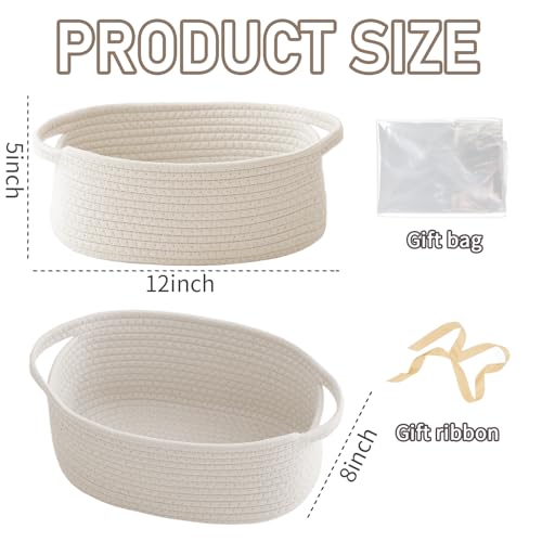 JMvicyroam Small Woven Basket, Empty Gift Basket, White/1 Pack | Small Gift Basket, Cotton Rope, 12 x 8 x 6 in, Handles, Includes Ribbon and Bag, Birthday Gift Basket - color: White, size: 1 Pack
