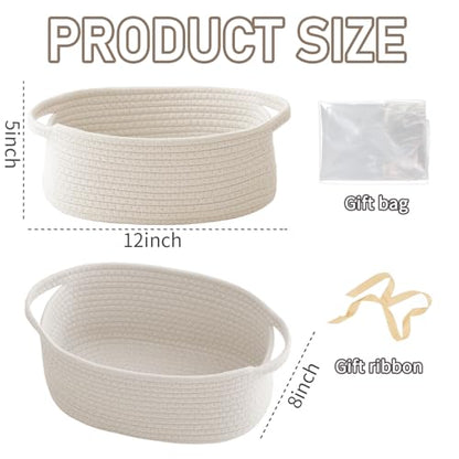 JMvicyroam Small Woven Basket, Empty Gift Basket, White/1 Pack | Small Gift Basket, Cotton Rope, 12 x 8 x 6 in, Handles, Includes Ribbon and Bag, Birthday Gift Basket - color: White, size: 1 Pack