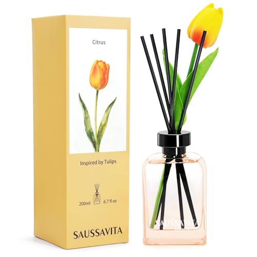 Flower Reed Diffuser Set Citrus Scent 6.76 oz for 120 Days Small Spaces | Floral Scent, Yellow Tulip, Vintage Rectangular Bottle, Long Lasting, Narrow Spaces, Office Shelf Decor,Women's Day Gifts - color: Citrus