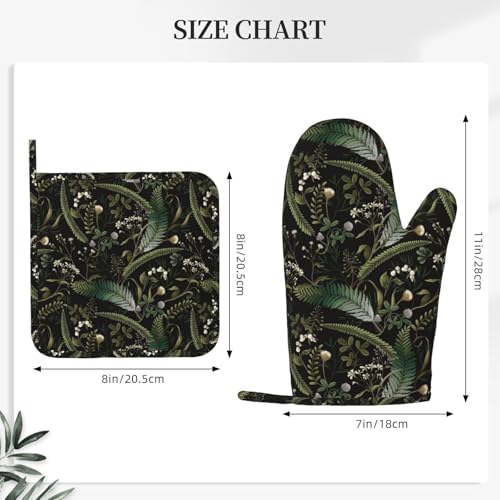 Mushrooms Oven Mitts and Pot Holders Sets Silicone Forest Plants Wild Berries Herbs Ferns Kitchen Oven Mitts Hot Pads Heat Resistant Potholders Kitchen Mitts Set for Baking BBQ Cooking - color: Black Green