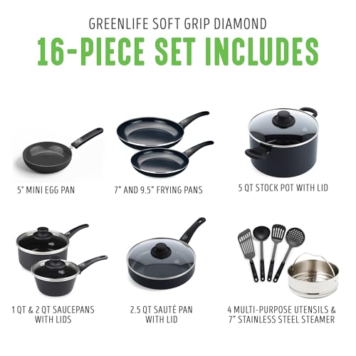 GreenLife 16 Piece Ceramic Nonstick Pots & Pans Cookware Set, Black | PFAS-Free Nonstick Coating, Stockpot, Frying Pans, Saucepans, Sauté Pan, Stay-Cool Handles, Dishwasher & Oven Safe up to 350F - color: Black, style: Soft Grip