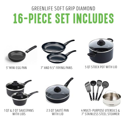 GreenLife 16 Piece Ceramic Nonstick Pots & Pans Cookware Set, Black | PFAS-Free Nonstick Coating, Stockpot, Frying Pans, Saucepans, Sauté Pan, Stay-Cool Handles, Dishwasher & Oven Safe up to 350F - color: Black, style: Soft Grip