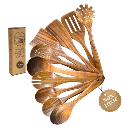 DADU BADU Teak Wooden Utensil Set of 10 – Non-Toxic Cooking Spoons & Spatulas for Nonstick Pans – Includes Pasta Spoon, Ladle, Skimmer – Premium Wood Kitchen Gift Set with Holder | Non-Toxic Cooking Spoons & Spatulas, for Nonstick Pans, Includes Pasta Spo