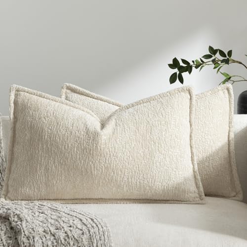 Pack of 2 Beige Decorative Throw Pillow Covers 12x20 Cozy Soft Chenille Boho Accent Vintage Farmhouse Rectangular Lumbar Couch Pillow Covers for Home Decor Bed Sofa Living Room - color: Beige, size: 20" x 12" (Pack of 2)