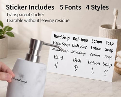Clasin Home Resin Hand Soap Dispenser, Refillable Soap Dispenser with White Marble Look and Metallic Pump, Waterproof Bottle Labels for Bathroom Kitchen Dish Hand Wash Shower Lotion Shampoo (12 Oz) - color: White