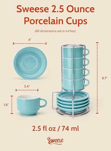 Sweese 2.5 Ounce Porcelain Stackable Espresso Cups with Saucers and Metal Stand Set of 4, Turquoise - color: Turquoise, size: 2.5 Ounces