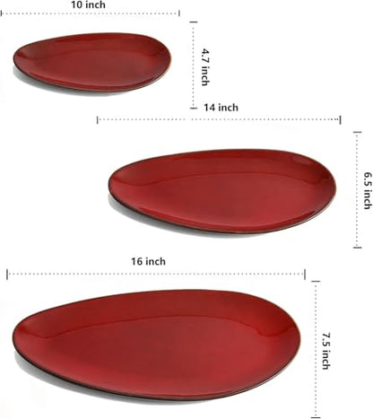 vicrays Large Oval Serving Platters, 16"/14"/10" Porcelain Serving Platters for Party, BBQ,Stackable Serving Trays Serving Plates for Appetizers, Sushi, Restaurant, Set of 3 (Cherry Red) - color: Cherry Red