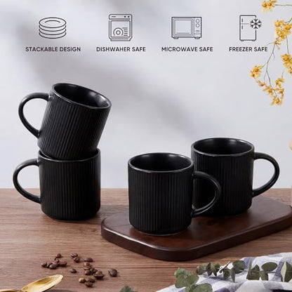 E-far Coffee Mugs Set of 4, 12 oz Stoneware Coffee Cups with Handle for Latte, Tea, Cocoa, Milk, Modern Ribbed Ceramic Mugs for Man Woman, Microwave & Dishwasher Safe, Matte Black - color: Matte Black
