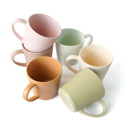 Ceramic Coffee Mugs 14 oz, Set of 6 Coffee Cups with Handle | Stoneware Mugs for Tea Milk Latte Dishwasher&Microwave Safe Multi-color Latte Mug Enamelware Mugs