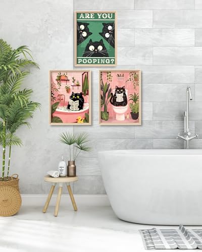 UPWOIGH Funny Cat Framed Bathroom Wall Art, 12 x 16 Inch, Set of 3 | Black Cats Reading and Bathing, Are You Pooping Quote, Pink and Green Prints, Beige Oak Frames for Restroom and Powder Room - color: pink and Blue