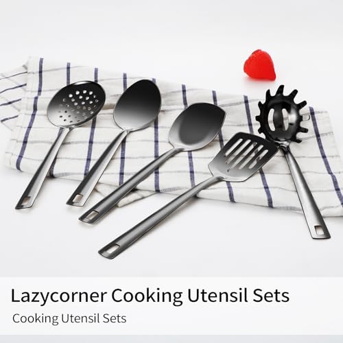 Lazycorner Cooking Utensil Set 11 Pcs Stainless Steel Kitchen Utensils Set Wok Utensils Kitchen Tool Set Spatula Set Heat Resistant Metal Kitchen Tools Ergonomic HandleEasy to Clean Dishwasher Safe - color: Black