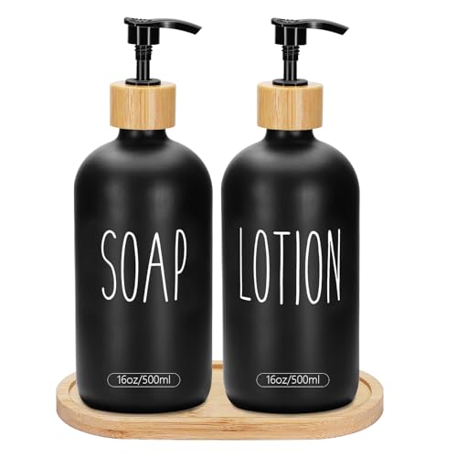 2 Pack 16 Oz Glass Soap Dispenser Set with Tray, Hand Dish Soap Dispenser Set for Bathroom and Kitchen Bottle Dispenser with Dish Soap, Hand Soap, Lotion (Black（Soap） Black (Lotion)) - color: Black（soap）black (Lotion)