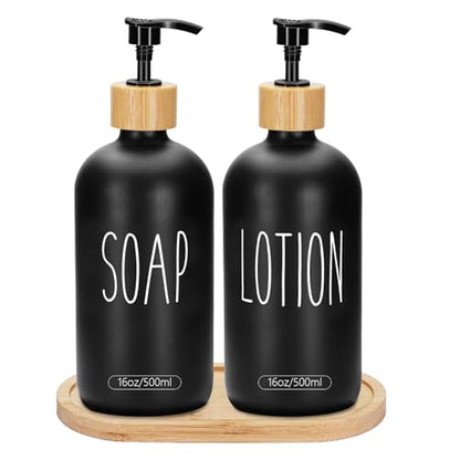 2 Pack 16 Oz Glass Soap Dispenser Set with Tray, Hand Dish Soap Dispenser Set for Bathroom and Kitchen Bottle Dispenser with Dish Soap, Hand Soap, Lotion (Black（Soap） Black (Lotion)) - color: Black（soap）black (Lotion)