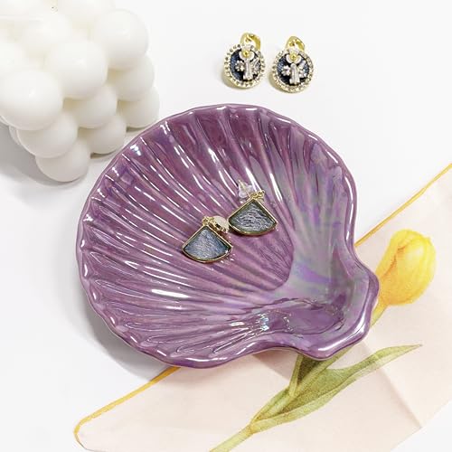 Shell Jewelry Ring Holder Dish, Seashell Jewelry Dish Tray, Ceramic Jewelry Plate Bowl, Engagement Trinket Dish, Wedding Birthday Mother's Day Christmas Gift for Women, 3.9", Purple Iridescent Surface - color: Purple