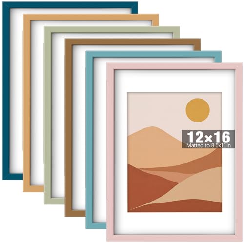 12 x 16 Picture Frame Set of 6, Boho Colorful Photo Frames | Display Pictures 8.5 x 11 with Mat, or 12 x 16 without Mat Picture Frame, with Acrylic Cover, for Wall Mount Classroom Decor - size: 12 x 16