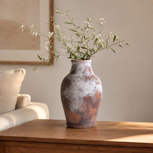 Handmade Rustic-Style Ceramic Decorative vase, Dimensions 8.3 x 5.5 inches, Featuring Distressed Gray and Terracotta hues, Suitable for Rustic, Country, and Various Decor Styles.