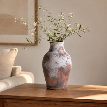 Handmade Rustic-Style Ceramic Decorative vase, Dimensions 8.3 x 5.5 inches, Featuring Distressed Gray and Terracotta hues, Suitable for Rustic, Country, and Various Decor Styles.