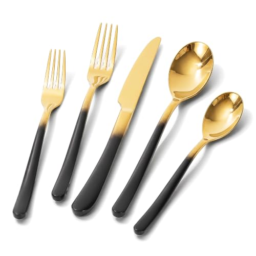Black Gold Silverware Set for 2 Flatware Set Stainless Steel Modern 10 Piece Cutlery Mirror Polished Utensils Elegant Gradient Knives Spoons and Forks Sets for Dining Party and Gift - color: Black/Gold, size: 10 Piece for 2