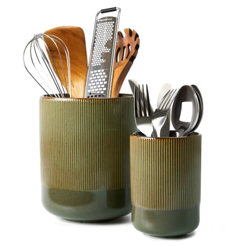 Utensil Holder, 7.3"+5.3" Ceramic Kitchen Utensil Holder for Countertop, Large Cooking Utensil Organizer, Modern Utensil Crocks Spatula Holder for Farmhouse Kitchen Counter Decor, Brown Green - color: Brown Green