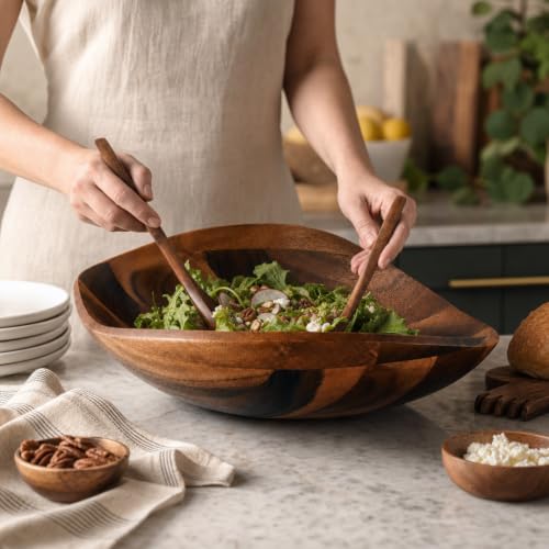 Arthur Court Wave Pattern Large Acacia Wood Salad Bowl - Modern Centerpiece for Fruits and Salads - 19 x 12 x 4 Inches - size: Wave
