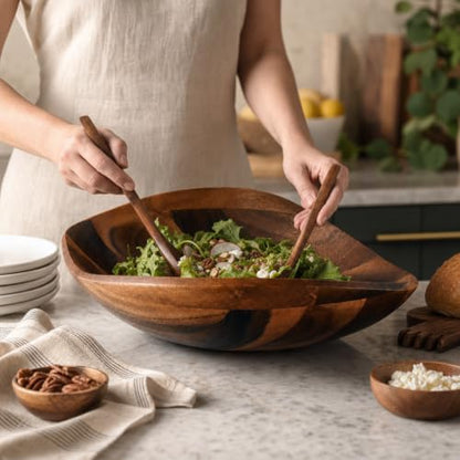 Arthur Court Wave Pattern Large Acacia Wood Salad Bowl - Modern Centerpiece for Fruits and Salads - 19 x 12 x 4 Inches - size: Wave